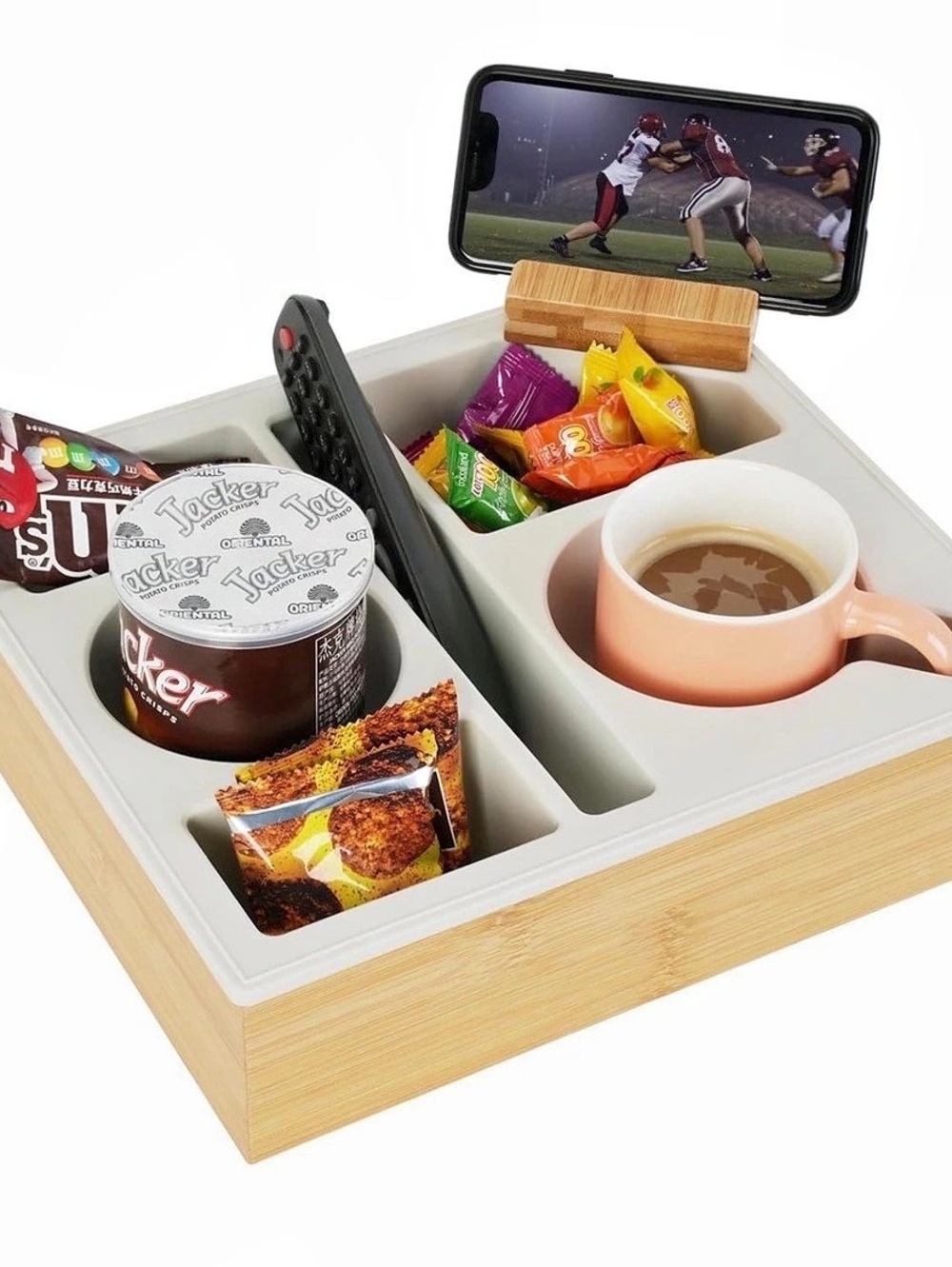 Couch Cup Holder Tray, Handy Soft Silicone Acacia Wooden Couch Caddy for Bed Car
